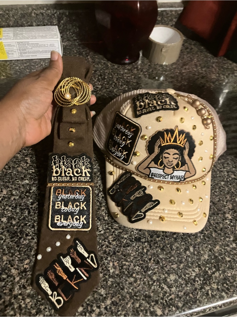 Hand Crafted Beige Embellished Cap with Brown Belt